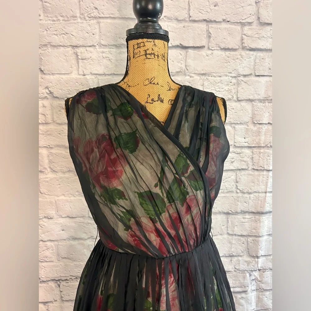 Vintage 50s Dress WOUNDED BIRD Black Pink Floral Midi Evening Formal Party Prom - Picture 5 of 17